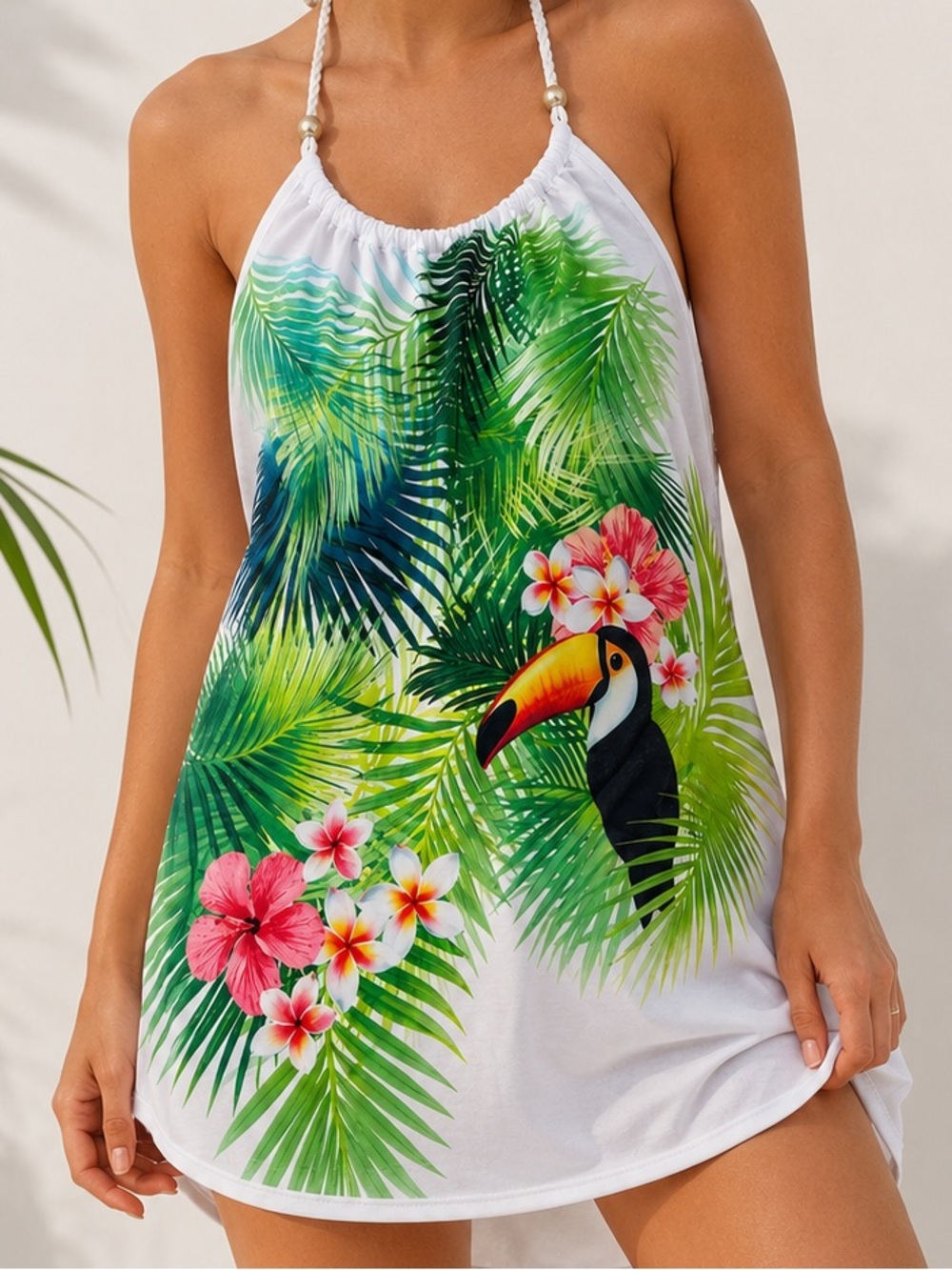 OP White Girls Halter Top with Colorful Bird Accent